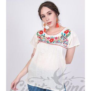 Mexican Tehuacan Embroidered Blouse Cream